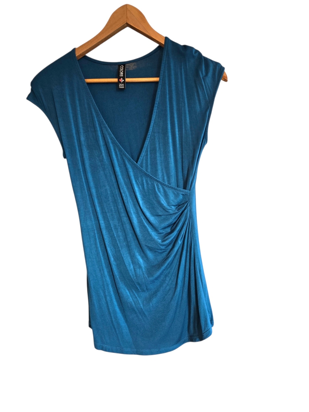Teal Faux Wrap-Style Cap-Sleeve Top